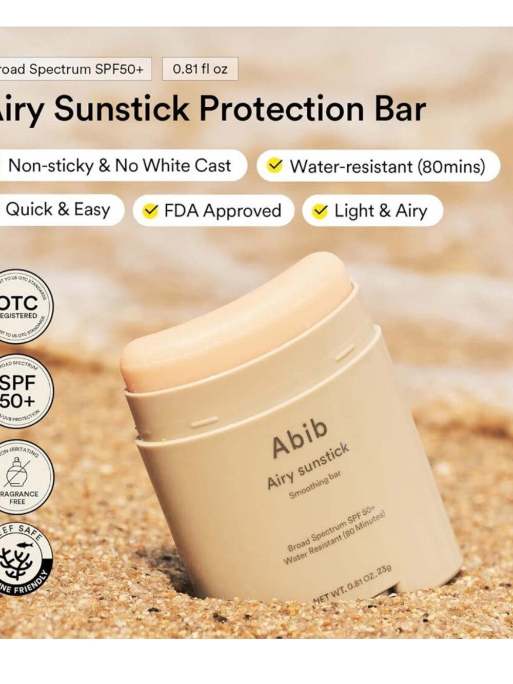 Abib Airy Sunstick Protection Bar Broad Spectrum SPF50+ 0.81 oz Semi Matte - Picture 4 of 8
